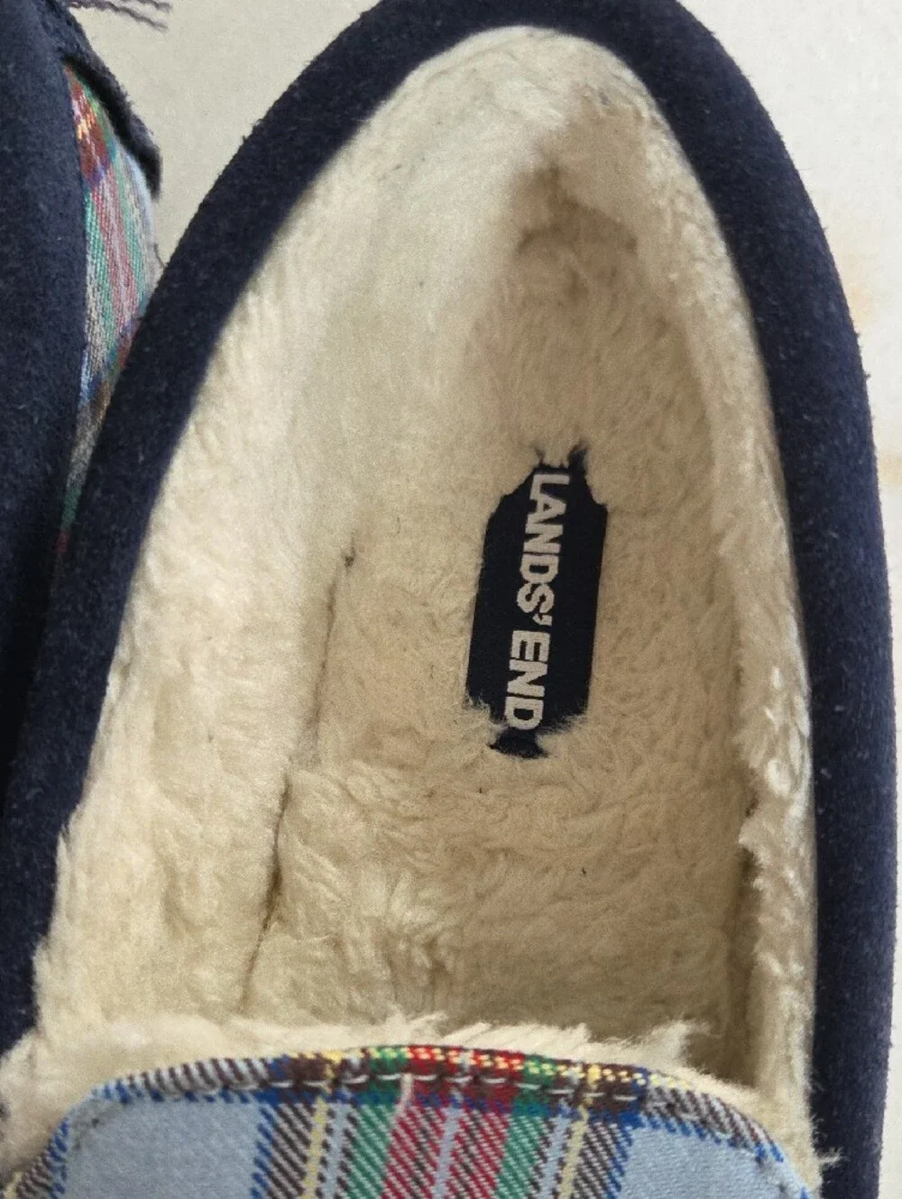 Lands' End Blue Plaid Sherpa-Lined Moccasin Slippers Size 2